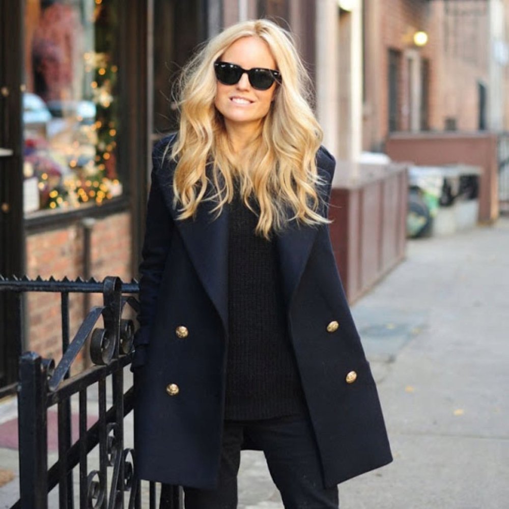 Zara Double-Breasted Black Wool Coat with Gold Buttons